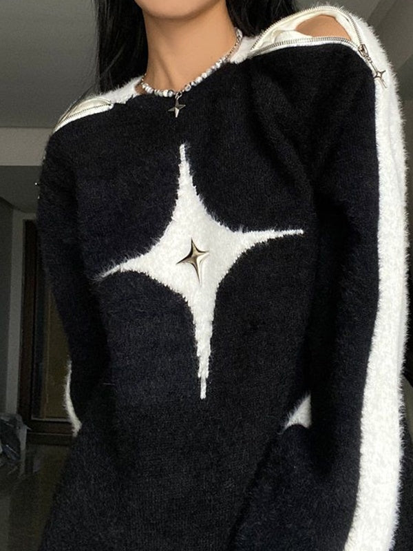 Star Decor Zipper Cutout Loose Sweater