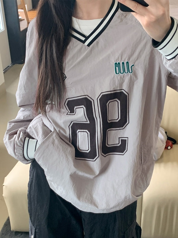 Number Print V Neck Thin Sweatshirt