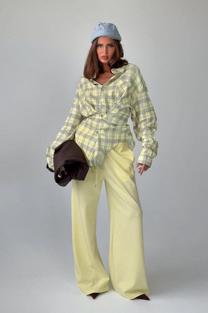 Color-block Plaid Belted Long Sleeve Blouse