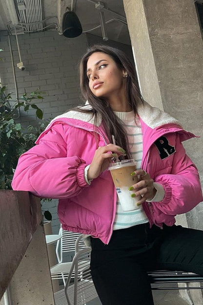 Polar Fleece Patchwork Faux Fur Collar Puffer Jacket
