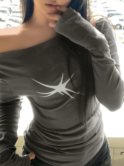 Simple Print Off Shoulder Slim Long Sleeve Tee