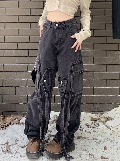 Vintage Wash High Rise Multi Pocket Cargo Jeans