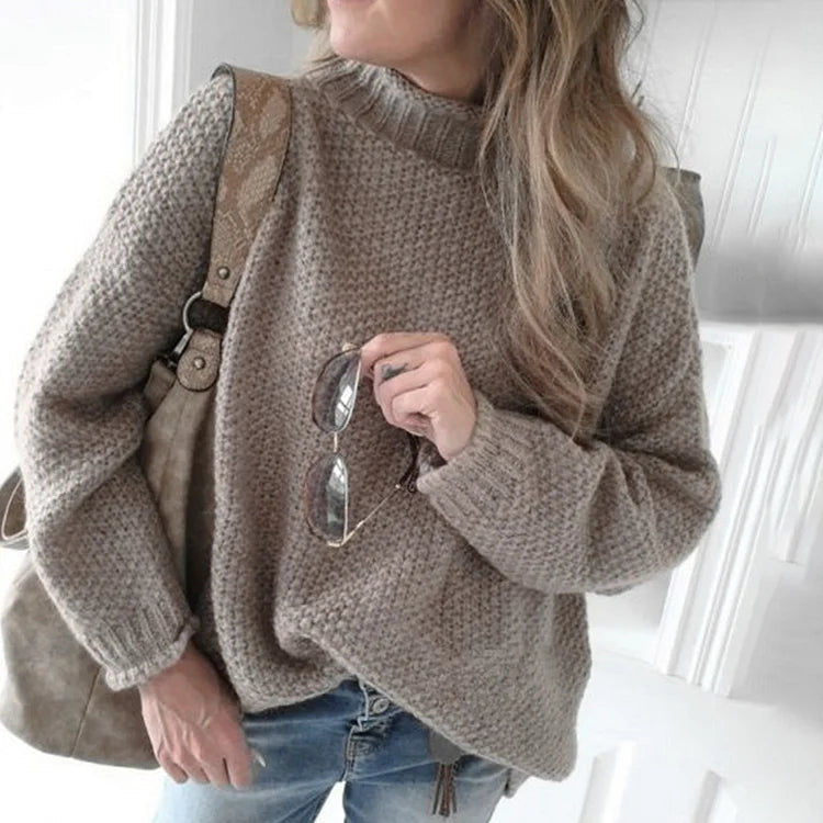 Jersey vintage de punto caqui con cuello alto para mujer | Ideal para otoño/invierno