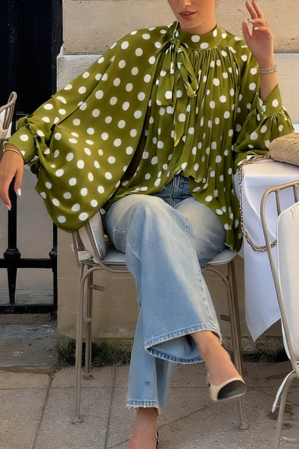 Polka Dot Print Tie-waist Lantern Sleeve Elegant Loose Shirt