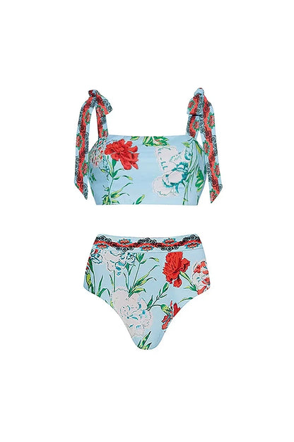 Conjunto de bikini estilo francés con lazo y ribete de encaje