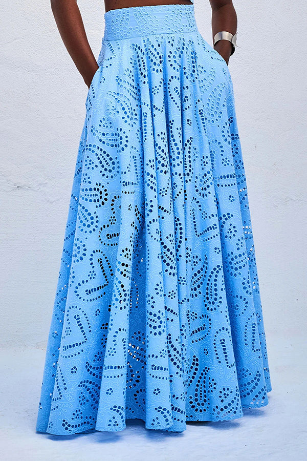 Paris Dreaming Embroidered Lace High Rise Elastic Waist Pocketed Maxi Skirt 