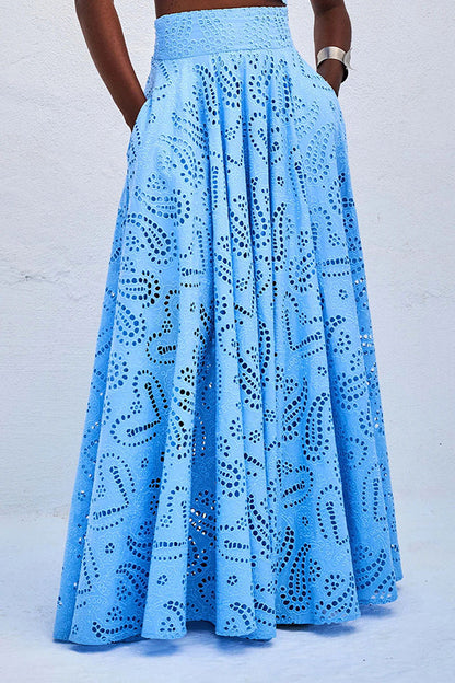 Paris Dreaming Embroidered Lace High Rise Elastic Waist Pocketed Maxi Skirt 