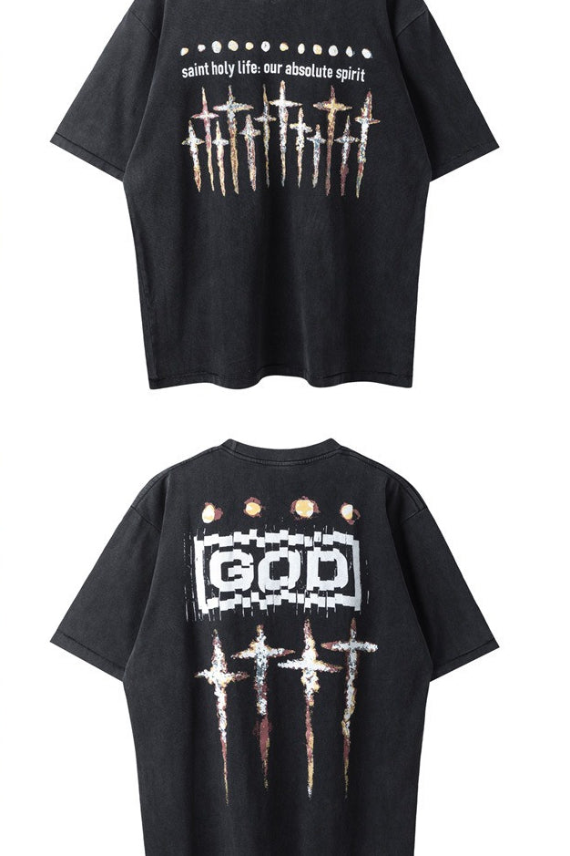 Washed Distressed Logo Graphic Crew Neck T-shirt