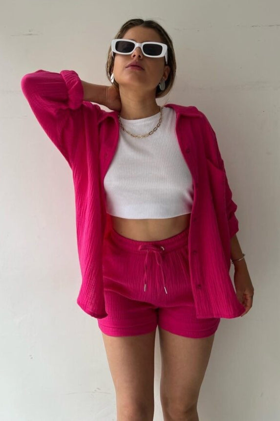Textured Lapel Long Sleeve Top High Waist Shorts Set