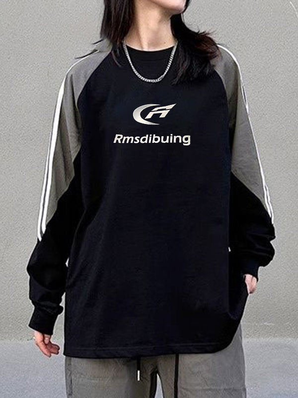 Vintage Print Piping Raglan Crew Neck Sweatshirt