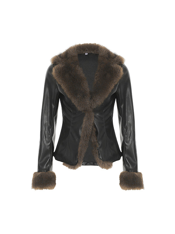 American Style Fur Collar Patchwork Leather Jacket