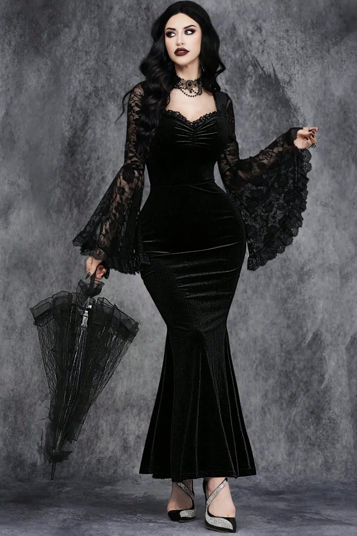 Gothic Vintage Lace Patchwork See Through Flare Sleeve Maxi Dress