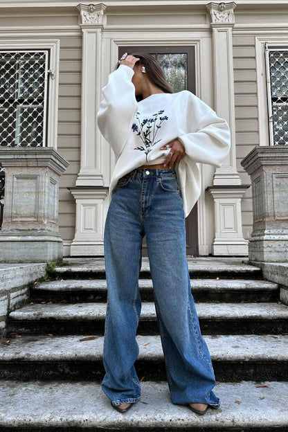 Embroidered Casual Long Sleeve Knit Sweater