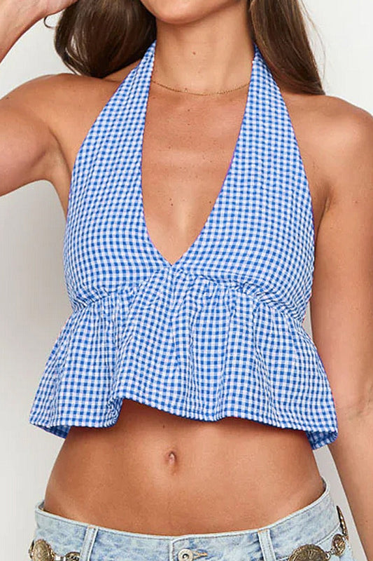 Deep V Halter Backless Checkered Crop Top