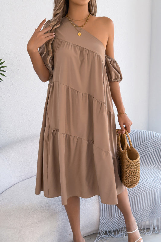 Solid Color Loose Slash Neck Short-sleeved Casual Midi Dress