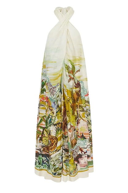 Tropical Eden Halter Neck Backless Maxi Dress