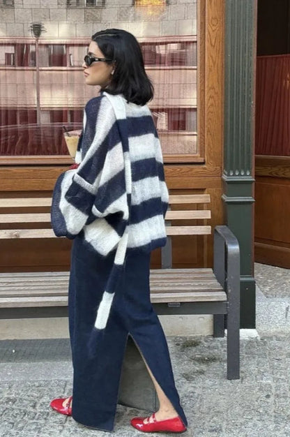 V-Neck Patchwork Knit Cardigan