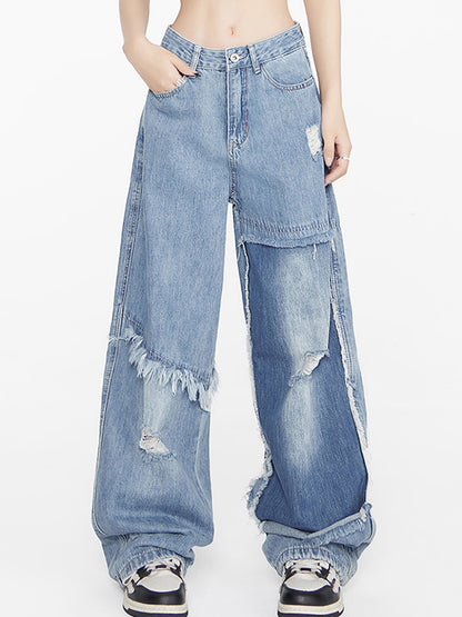 Niche slimming straight wide legs Ripped Jeans