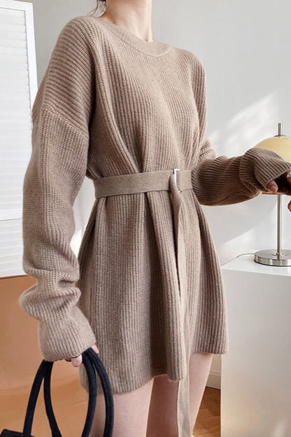 French Style Tie-Waist Knit Mini Dress