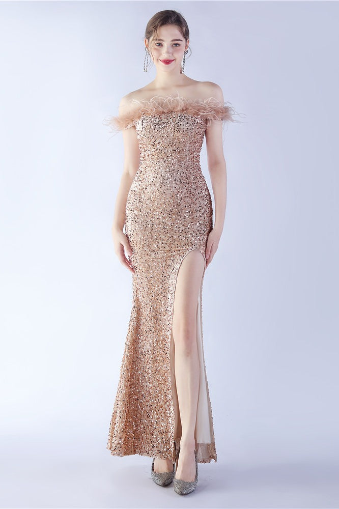 Velvet Sequin Ostrich Feather Off Shoulder Formal Dress