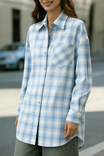 Plaid Print Loose Collar Long Sleeve Pockets Casual Shirt