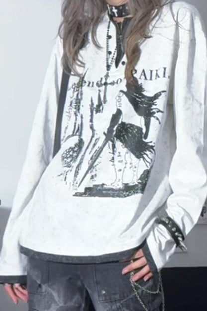 Grunge Y2K Henley Layered White Printed T-shirt