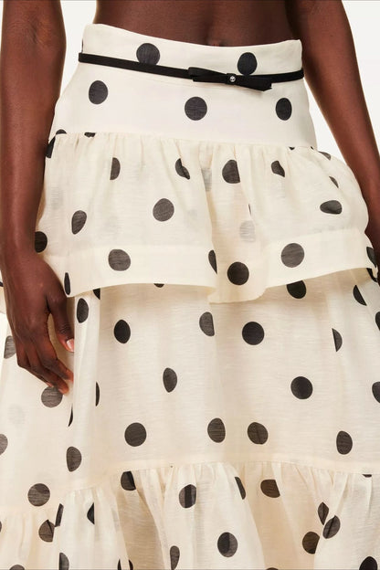 Tiered Ruffle Polka Dot Midi Skirt