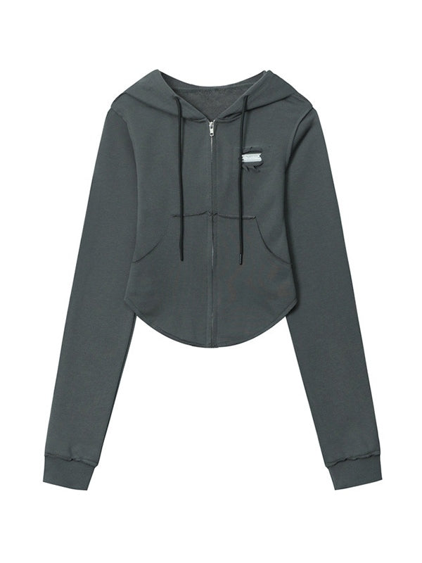 Solid Color Frayed Design Drawstring Long Sleeve Tee