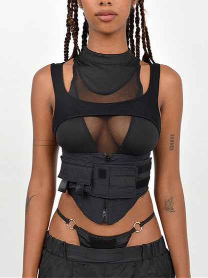 Cyber Gothic Slim Waist Round Neck Mesh Top