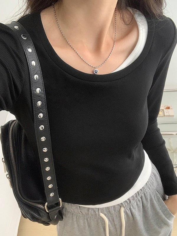 Contrast Color Fake Two Piece Long Sleeve Knit