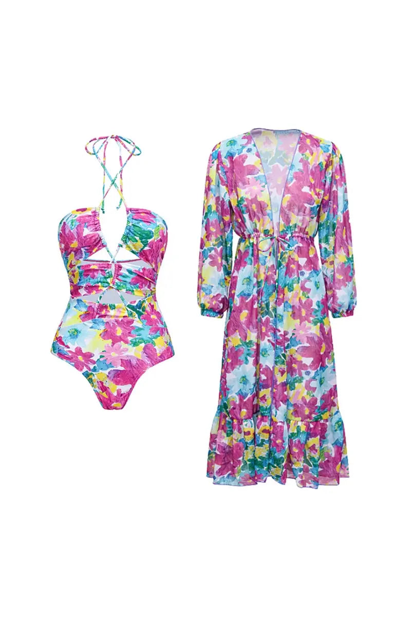 Conjunto de traje de baño de una pieza con recortes y cubierta