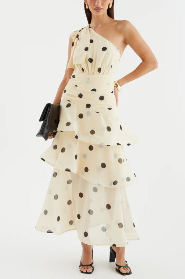 Fashionable Polka Dot Print One-shoulder Sleeveless Layered Mesh Maxi Dress
