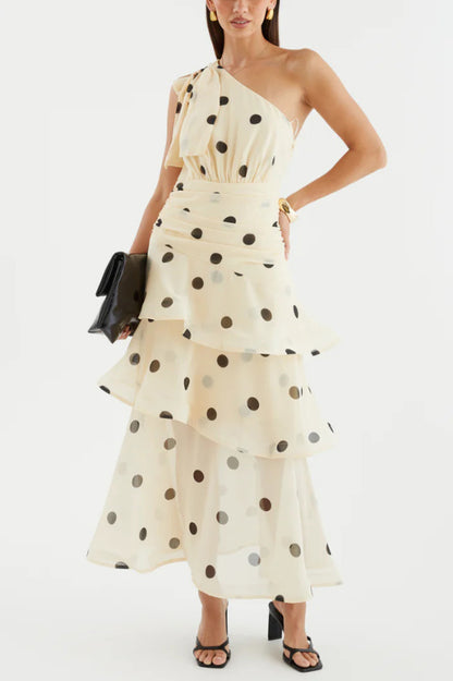 Fashionable Polka Dot Print One-shoulder Sleeveless Layered Mesh Maxi Dress