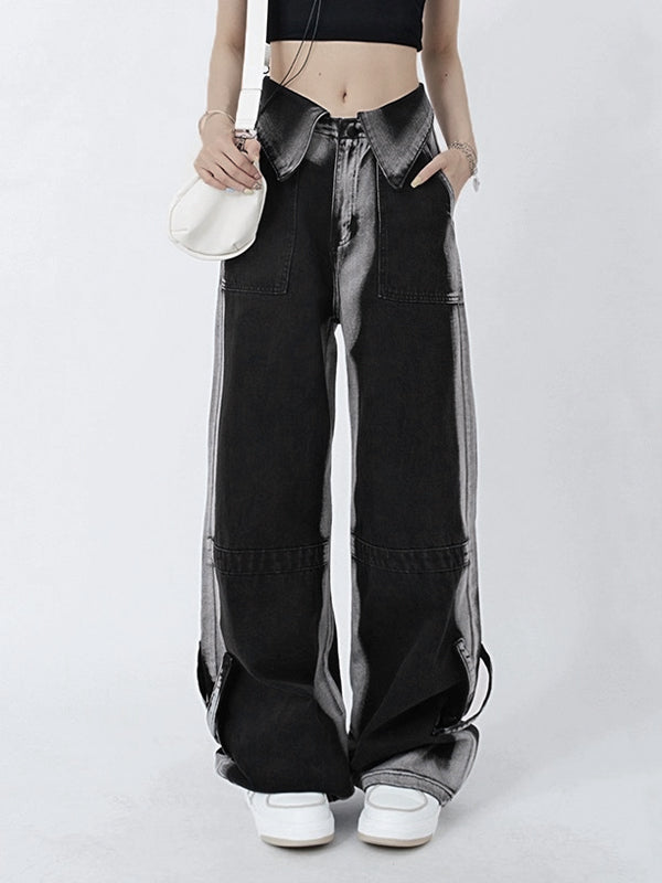 Vintage Wash Turned Waist Boyfriend Jeans