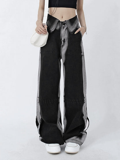 Vintage Wash Turned Waist Boyfriend Jeans