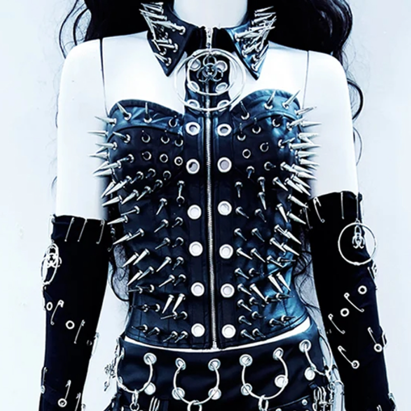 Turnover collar zip-up o ring rivet applique halter top  | Festival Outfits Women