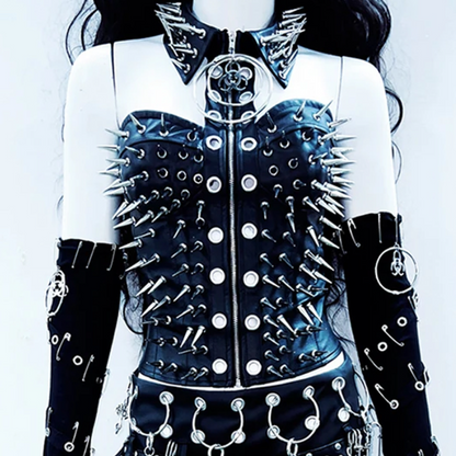 Turnover collar zip-up o ring rivet applique halter top  | Festival Outfits Women