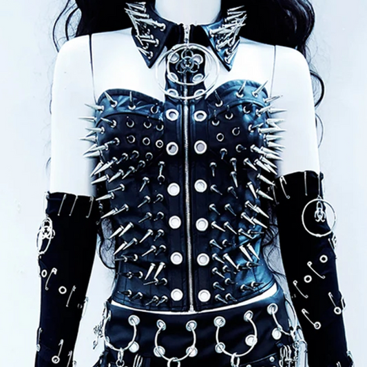 Turnover collar zip-up o ring rivet applique halter top  | Festival Outfits Women