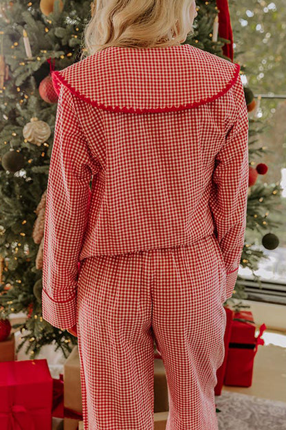 Nutcracker Charm Embroidered Gingham Loose Shirt and Elastic Waist Pajama Set