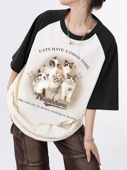 Vintage Cat Print Raglan Oversized Short Sleeve Tee