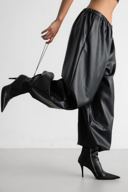Drawstring PU Harem Loose Tapered Casual Winter Pants