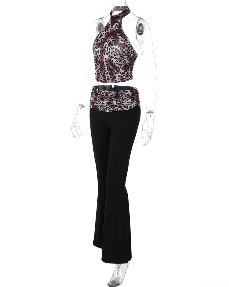 Leopard Print Paneled Flared Trousers Suit