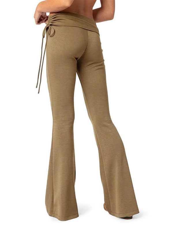Solid Ruched Drawstring Flare Leg Pants