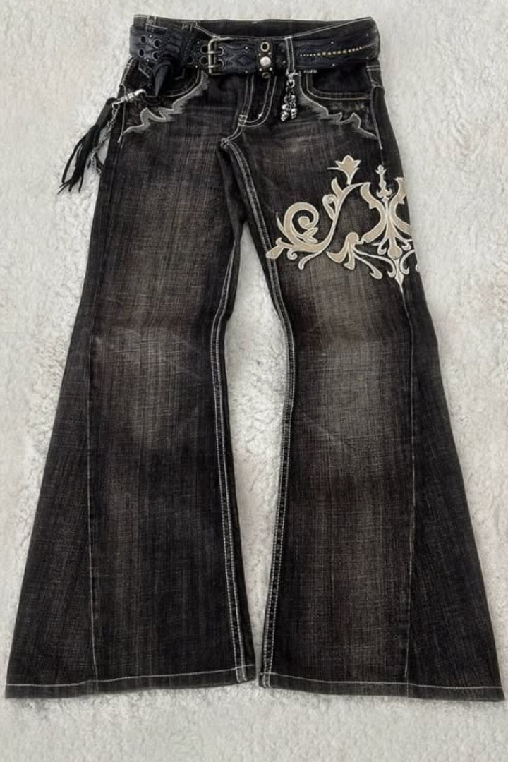 Retro Y2K Boho Tribal Embroidered Denim Pants