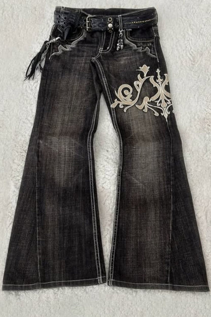 Retro Y2K Boho Tribal Embroidered Denim Pants