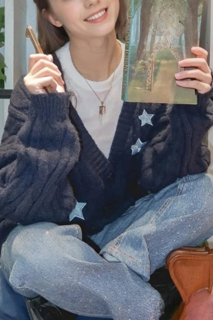Y2k Star Embroidery Navy Knitted Women's Casual Cardigan Sweater