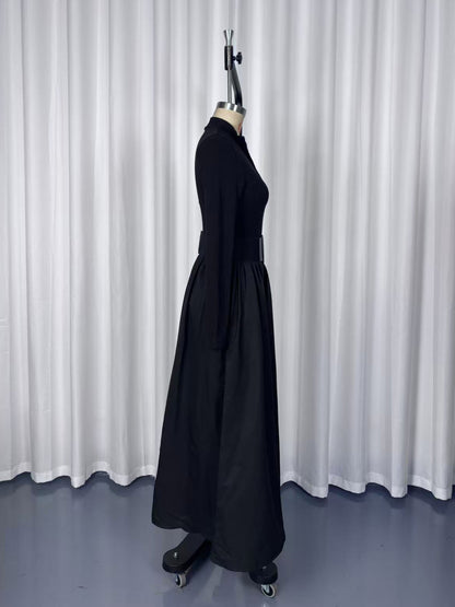 Half Zip Ribbed Knit Patchwork Belted Long Sleeve A-Line Maxi Dress For Women 2026