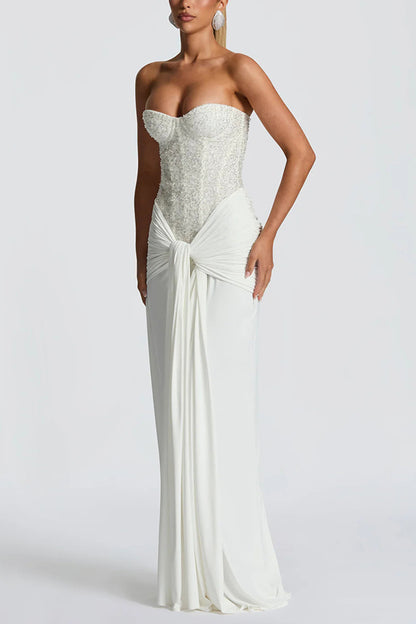 Carina Sequined and Satin Jersey Off Shoulder Ruched Knot Drape Maxi Dress