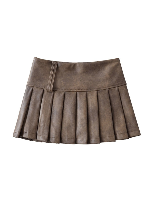 Distressed Leather Pleated High Rise Mini Skirt
