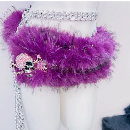 Fluffy skull applique tube mini skirt set  | Festival Outfits Women